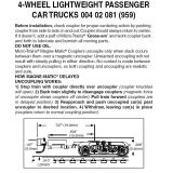 Z 004 02 081 (959 ) 4-wheel passenger car trucks with no couplers. Black. 1 pr.